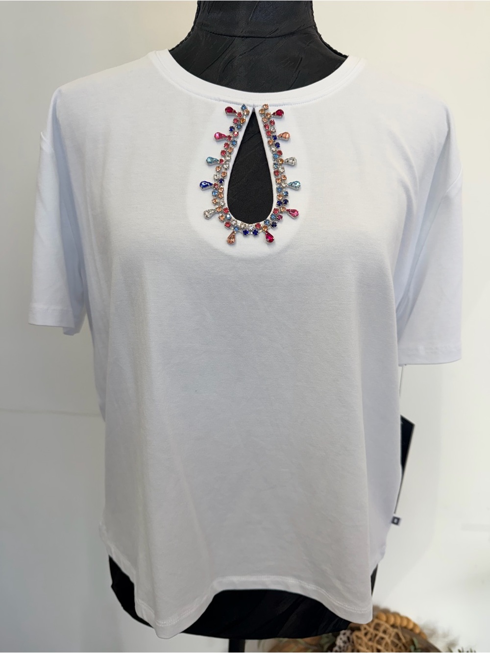 Karl Lagerfeld White Short-Sleeve Top with Multicolor Jeweled Keyhole